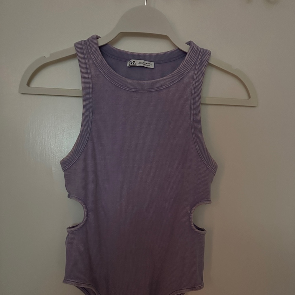 Zara Purple Ribbed Bodysuit with Side Cutouts